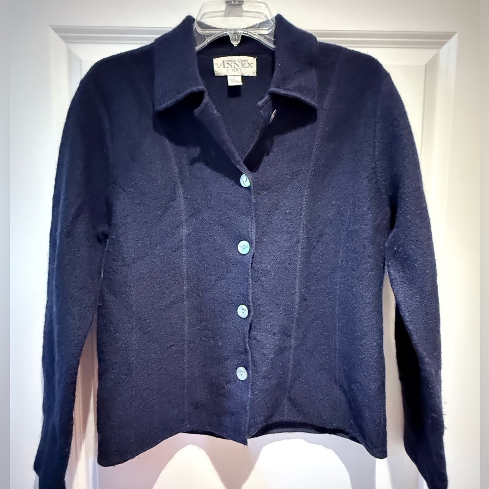 VTG Casual Corner Annex Long Sleeve Collared Button Navy Sweater 100% Wool Small